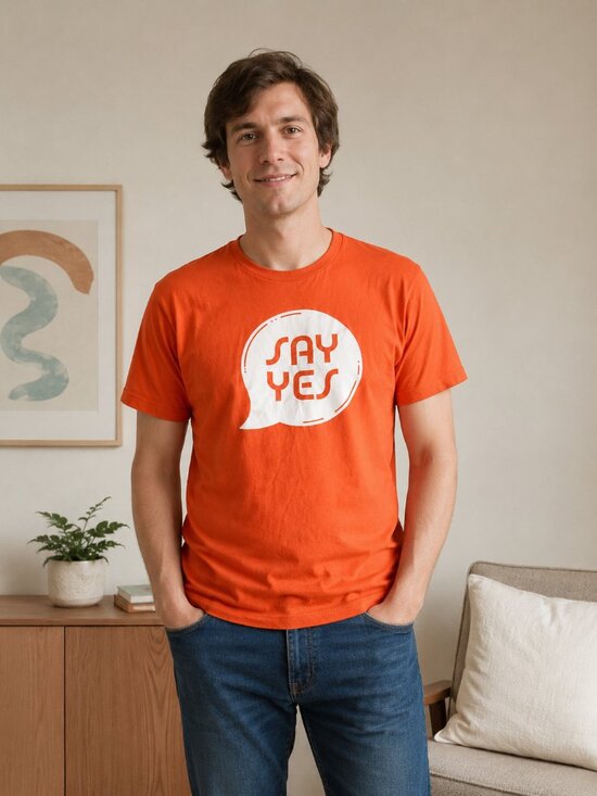 Gildan Other - Gildan Softstyle Men's Orange "Say Yes" Graphic T-Shirt Size L 100% Cotton Seaml
